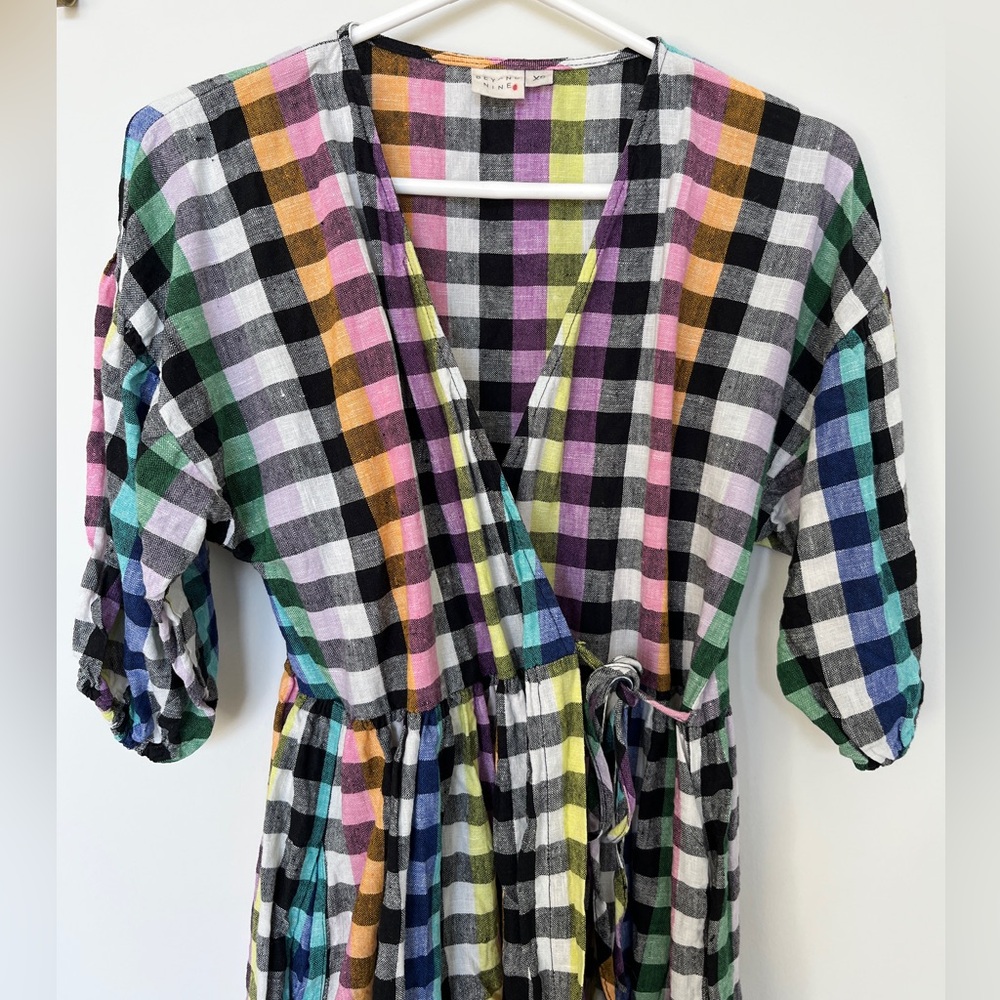 Beyond Nine Rainbow Plaid Linen Wrap Dress